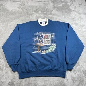 Vintage Bird Sweatshirt Shirt XL Blue Double Collar Cat Holiday Morning Sun 90s‎